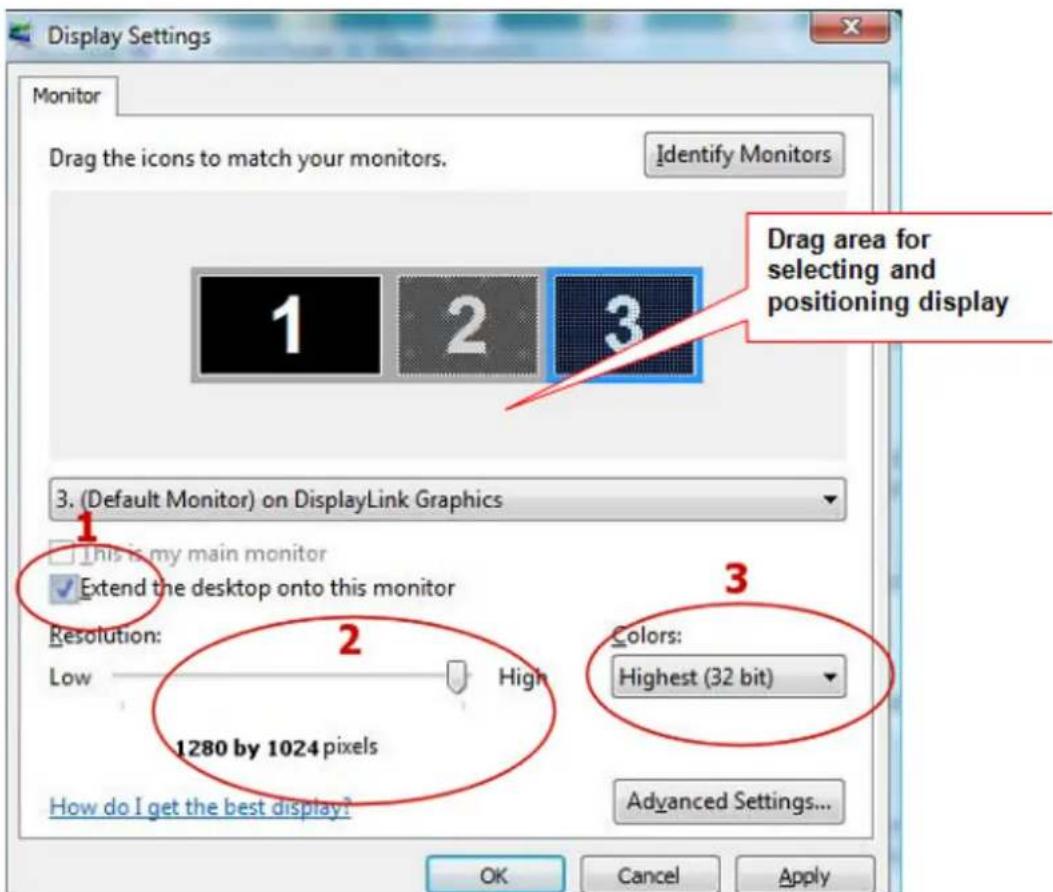Display Settings Monitor Drag the icons to match your monitors. Identify Monitors 1 2 3 Drag area for selecting and positioning display 3. (Default Monitor) on DisplayLink Graphics This is my main monitor Extend the desktop onto this monitor Resolution: Low High 1280 by 1024 pixels How do I get the best display? Colors: Highest (32 bit) Advanced Settings... OK Cancel Apply