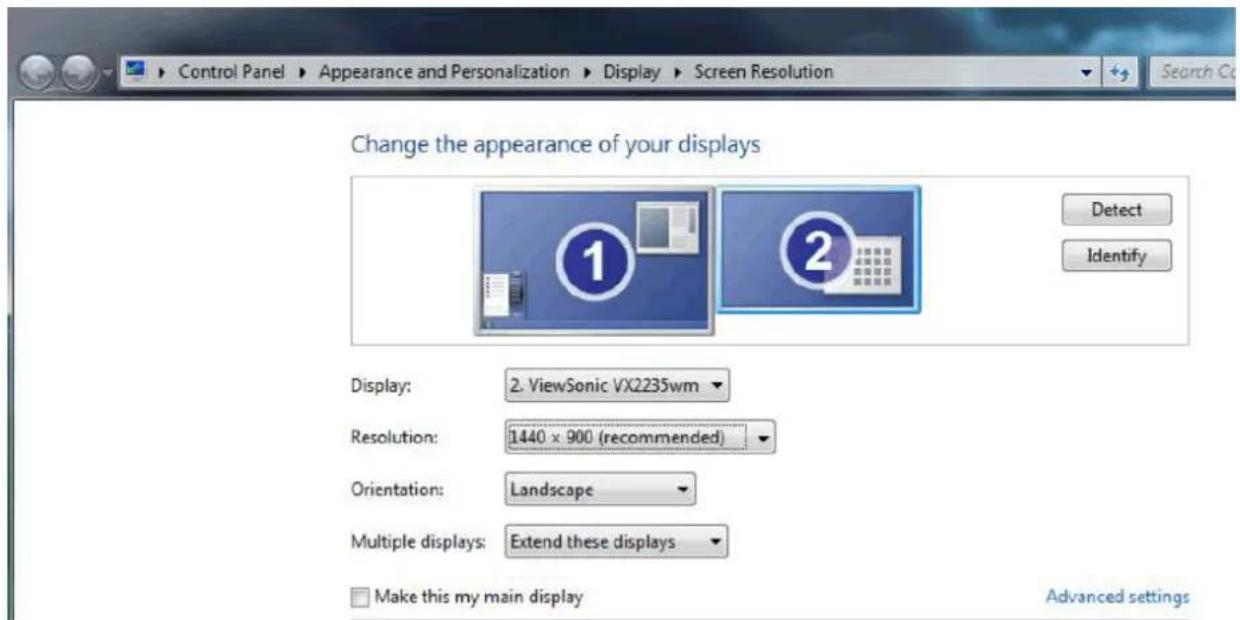 Control Panel > Appearance and Personalization > Display > Screen Resolution Change the appearance of your displays Detect Identify Display: 2. ViewSonic VX2235wm Resolution: 1440 x 900 (recommended) Orientation: Landscape Multiple displays: Extend these displays Make this my main display Advanced settings