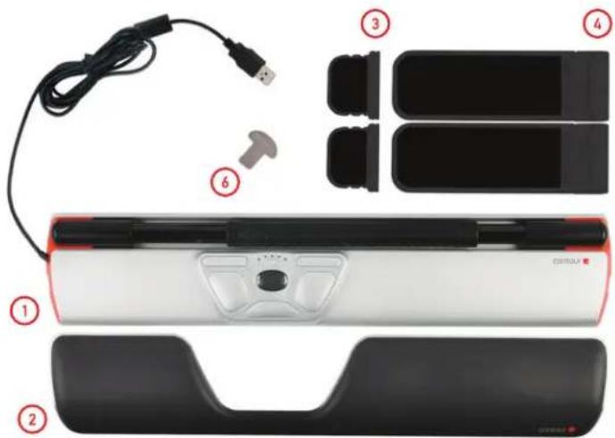 Exploded view diagram of a smart home device with labeled parts including USB cable, buttons, and display panel