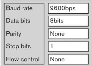 Baud rate 9600bps Data bits 8bits Parity None Stop bits 1 Flow control None