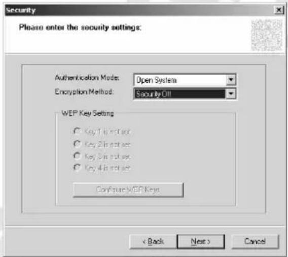 Security Please enter the security settings: Authentication Mode: Open System Encryption Method: Security Oil WEP Key Setting ● Key 1 is not set ● Key 2 is not set ● Key 3 is not set ● Key 4 is not set Configure WEP Keys < Back Next > Cancel