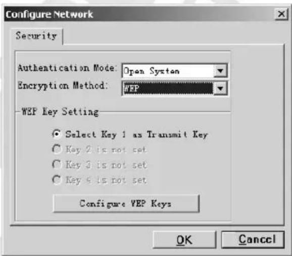 Configure Network Security Authentication Mode: Open System Encryption Method: WEP WEP Key Setting Select Key 1 as Transmit Key Key 2 is not set Key 3 is not set Key 4 is not set Configure WEP Keys OK Cancel