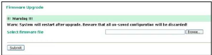 Firmware Upgrade !!! Warning !!! Warn: System will restart after upgrade. Beware that all un-saved configuration will be discarded! Select firmware file Browse... Submit