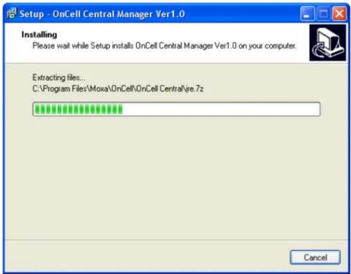 Setup - OnCell Central Manager Ver1.0 Installing Please wait while Setup installs OnCell Central Manager Ver1.0 on your computer. Extracting files... C:\Program Files\Moxa\OnCell\OnCell Central\jre.7z Cancel