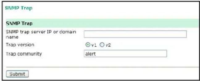 SNMP Trap SNMP Trap SNMP trap server IP or domain name Trap version v1 v2 Trap community alert Submit