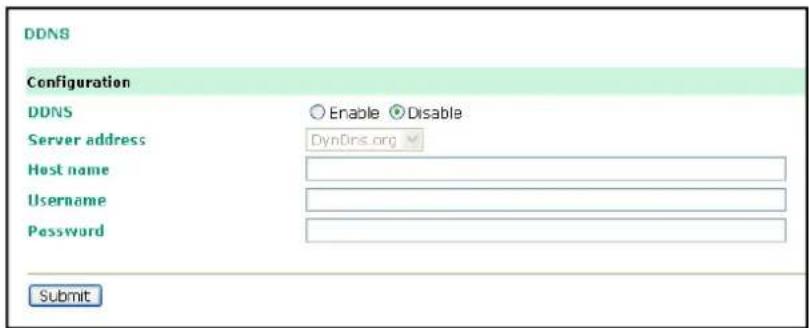DDNS Configuration DDNS Enable Disable Server address DynDns.org Host name Username Password Submit