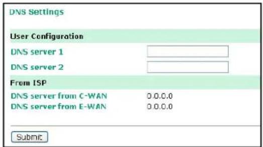 DNS Settings User Configuration DNS server 1 DNS server 2 From ISP DNS server from C-WAN 0.0.0.0 DNS server from E-WAN 0.0.0.0 Submit