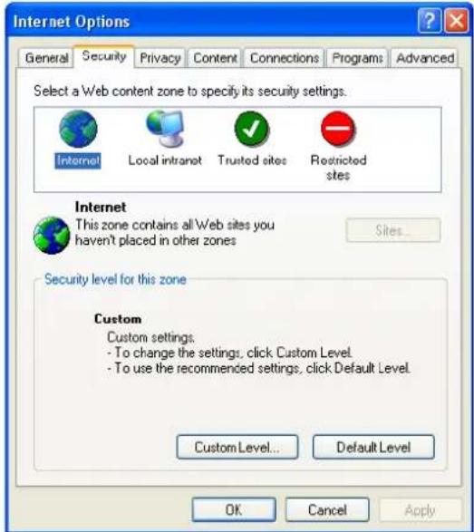 Internet Options General Security Privacy Content Connections Programs Advanced Select a Web content zone to specify its security settings. Internet Local intranet Trusted sites Restricted sites Internet This zone contains all Web sites you haven't placed in other zones Sites... Security level for this zone Custom Custom settings. - To change the settings, click Custom Level. - To use the recommended settings, click Default Level. Custom Level... Default Level OK Cancel Apply