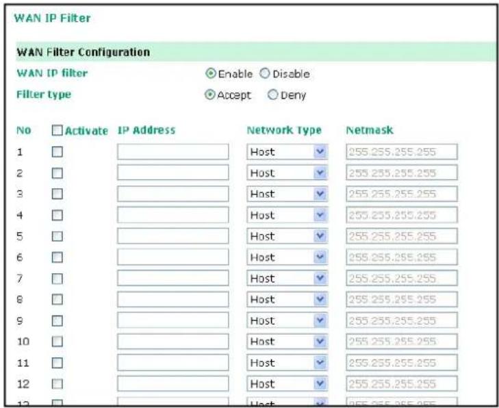 WAN IP Filter WAN Filter Configuration WAN IP filter Filter type Enable Disable Accept Deny No Activate IP Address Network Type Netmask 1 2 3 4 5 6 7 8 9 10 11 12 13 Host Host Host Host Host Host Host Host Host Host Host Host Host Host Host Host Host Host Host Host Host Host Host Host Host Host Host Host Host Host Host Host Host Host Host Host Host Host Host Host Host Host