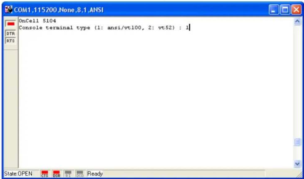 OnCell 5104 Console terminal type (1: ansi/vt100, 2: vt52) : 1