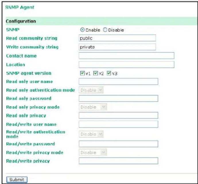 SNMP Agent Configuration SNMP Enable Disable Read community string public Write community string private Contact name Location SNMP agent version v1 v2 v3 Read only user name Read only authentication mode Disable Read only password Read only privacy mode Disable Read only privacy Read/write user name Read/write authentication mode Disable Read/write password Read/write privacy mode Disable Read/write privacy Submit