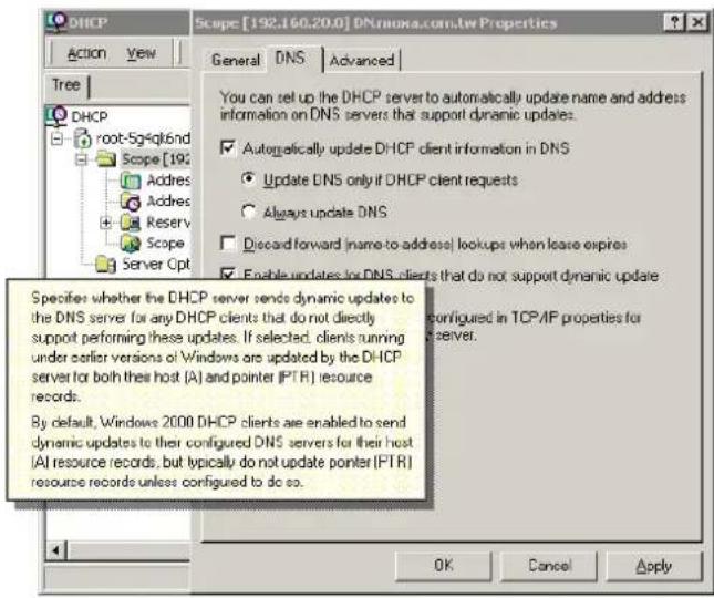 DHCP Scope [192.160.20.0] DN.moxa.com.tw Properties Action View Tree DHCP root-5g4g6nd Scope [192 Address Address Reserv Scope Server Opt General DNS Advanced You can set up the DHCP server to automatically update name and address information on DNS servers that support dynamic updates. ✓ Automatically update DHCP client information in DNS ● Update DNS only if DHCP client requests ○ Always update DNS □ Discard forward (name-to-address) lookups when lease expires ✓ Enable updates for DNS clients that do not support dynamic update Specifies whether the DHCP server sends dynamic updates to the DNS server for any DHCP clients that do not directly support performing these updates. If selected, clients running under order versions of Windows are updated by the DHCP server for both their host (A) and pointer (I PTR) resource records. By default, Windows 2000 DHCP clients are enabled to send dynamic updates to their configured DNS servers for their host (AI) resource records, but typically do not update pointer (I PTR) resource records unless configured to do so. Configured in TCP/IP properties for a server. OK Cancel Apply