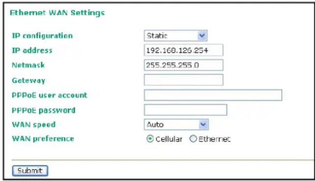 Ethernet WAN Settings IP configuration Static IP address 192.168.126.254 Netmask 255.255.255.0 Gateway PPPoE user account PPPoE password WAN speed Auto WAN preference Cellular Ethernet Submit