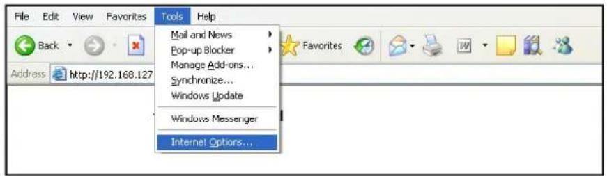 File Edit View Favorites Back Address http://192.168.127 Tools Help Mail and News Pop-up Blocker Manage Add-ons... Synchronize... Windows Update Windows Messenger Internet Options...