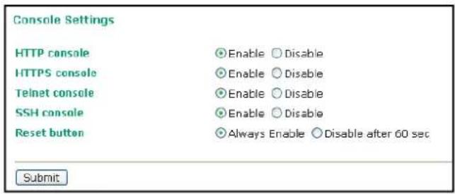 Console Settings HTTP console HTTPS console Telnet console SSH console Reset button Enable Disable Enable Disable Enable Disable Enable Disable Always Enable Disable after 60 sec Submit