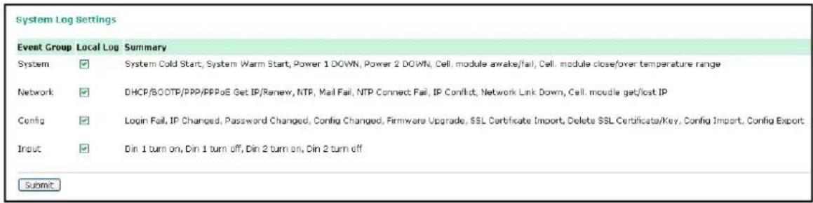 System Log Settings Event Group Local Log Summary System ✓ System Cold Start, System Warm Start, Power 1 DOWN, Power 2 DOWN, Cell module awake/fail, Cell module close/over temperature range Network ✓ DHCP/BOOTP/PPP/PPPoE Get IP/Renew, NTP, Mail Fail, NTP Connect Fail, IP Conflict, Network Link Down, Cell module get/lost IP Config ✓ Login Fail, IP Changed, Password Changed, Config Changed, Firmware Upgrade, SSL Certificate Import, Delete SSL Certificate/Key, Config Import, Config Export Input ✓ Din 1 turn on, Din 1 turn off, Din 2 turn on, Din 2 turn off Submit