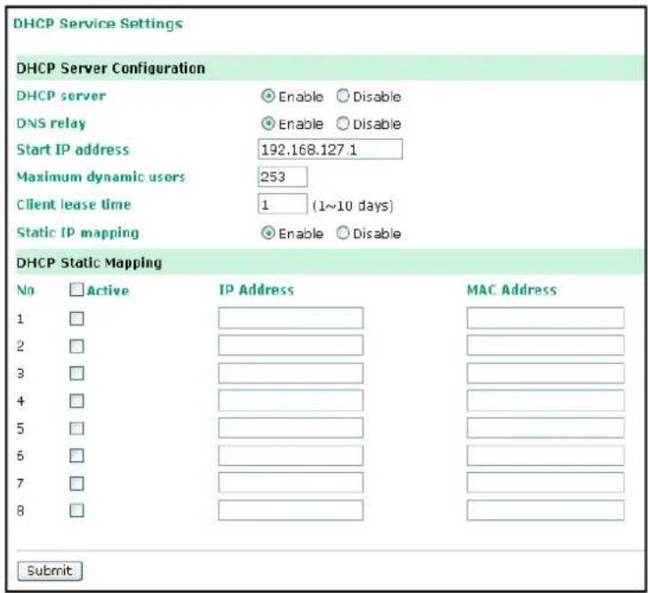 DHCP Service Settings DHCP Server Configuration DHCP server ● Enable ○ Disable DNS relay ● Enable ○ Disable Start IP address 192.168.127.1 Maximum dynamic users 253 Client lease time 1 (1~10 days) Static IP mapping ● Enable ○ Disable DHCP Static Mapping No □ Active IP Address MAC Address 1 □ 2 □ 3 □ 4 □ 5 □ 6 □ 7 □ 8 □ Submit
