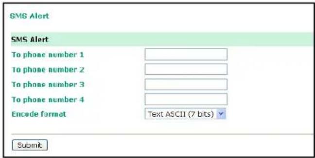 SMS Alert SMS Alert To phone number 1 To phone number 2 To phone number 3 To phone number 4 Encode format Text ASCII (7 bits) Submit