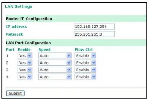 LAN Settings Router IP Configuration IP address 192.168.127.254 Netmask 255.255.255.0 LAN Port Configuration Port Enable Speed Flow Ctrl 1 Yes Auto Enable 2 Yes Auto Enable 3 Yes Auto Enable 4 Yes Auto Enable Submit