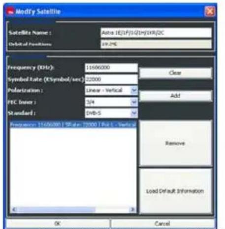Modify Satellite Satellite Name : Asha 1E(1xF)1/2(1xH)/1xR/2C Orbit of Positions: 19-2HC Frequency (kHz): 11606000 Symbol Rate (K/Symbol/sec): 22000 Polarization : Linear - Vertical PEC Inner : 3/4 Standard : DWB-S Frequency: 15/6/000 | Rate: 7000 TBit - Vertical OK Cancel Clear Add Remove Load Default Information