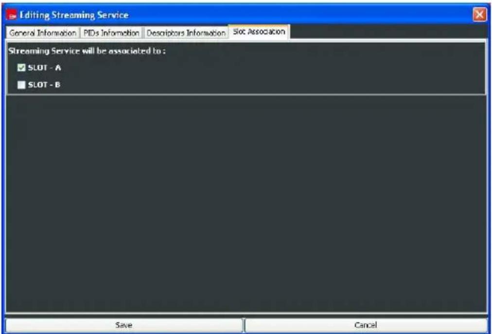 Editing Streaming Service General Information | PIDs Information | Descriptors Information | Slot Association Streaming Service will be associated to : ✓ SLOT - A ■ SLOT - B Save Cancel