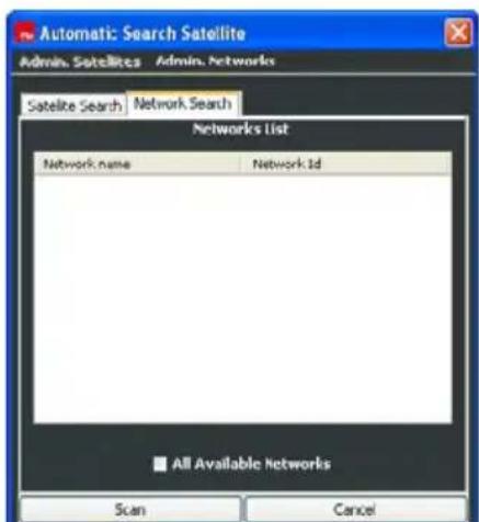 Automatic: Search Satellite Admin. Satellites Admin. Networks Satellite Search Network Search Networks List Network name Network 1d All Available Networks Scan Cancel