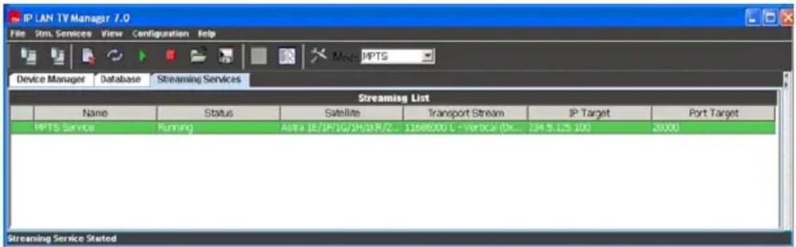 IP LAN TV Manager 7.0 File Stm. Services View Configuration Help Device Manager Database Streaming Services Streaming List Name Status Satellite Transport Stream JP Target Port Target MPTS Service Running Alpha IE/IF/16/IF/DXR/Z... 1168600 L - vertical (tk... 294.5.123.100 20000 Streaming Service Stated