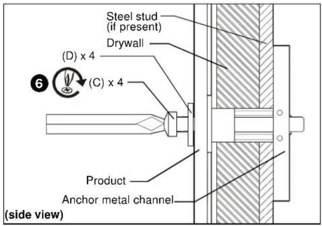 Steel stud (if present) Drywall (D) x 4 (C) x 4 Product Anchor metal channel (side view)