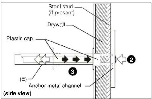 Steel stud (if present) Drywall Plastic cap (E) Anchor metal channel (side view)