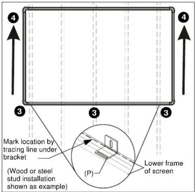 Mark location by tracing line under bracket (Wood or steel stud installation shown as example) (P) Lower frame of screen