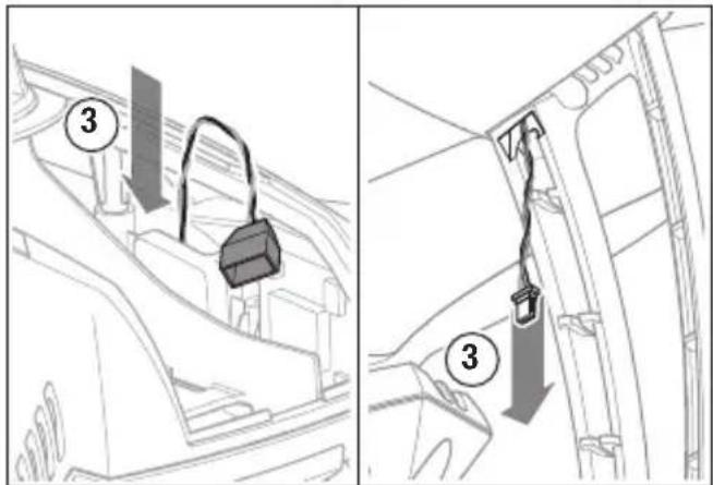 Technical diagram showing two views of a car interior with labeled parts and directional arrows indicating movement or assembly.