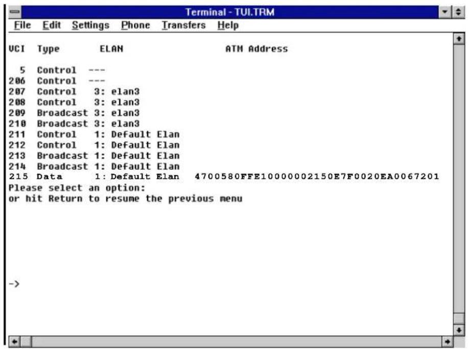 Terminal - TUI.TRM File Edit Settings Phone Transfers Help UCI Type ELAN ATM Address 5 Control --- 206 Control --- 207 Control 3: elan3 208 Control 3: elan3 209 Broadcast 3: elan3 210 Broadcast 3: elan3 211 Control 1: Default Elan 212 Control 1: Default Elan 213 Broadcast 1: Default Elan 214 Broadcast 1: Default Elan 215 Data 1: Default Elan 4700580FFE10000002150E7F0020EA0067201 Please select an option: or hit Return to resume the previous menu ->