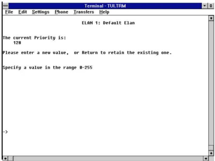 ELAN 1: Default Elan The current Priority is: 128 Please enter a new value, or Return to retain the existing one. Specify a value in the range 0-255 ->