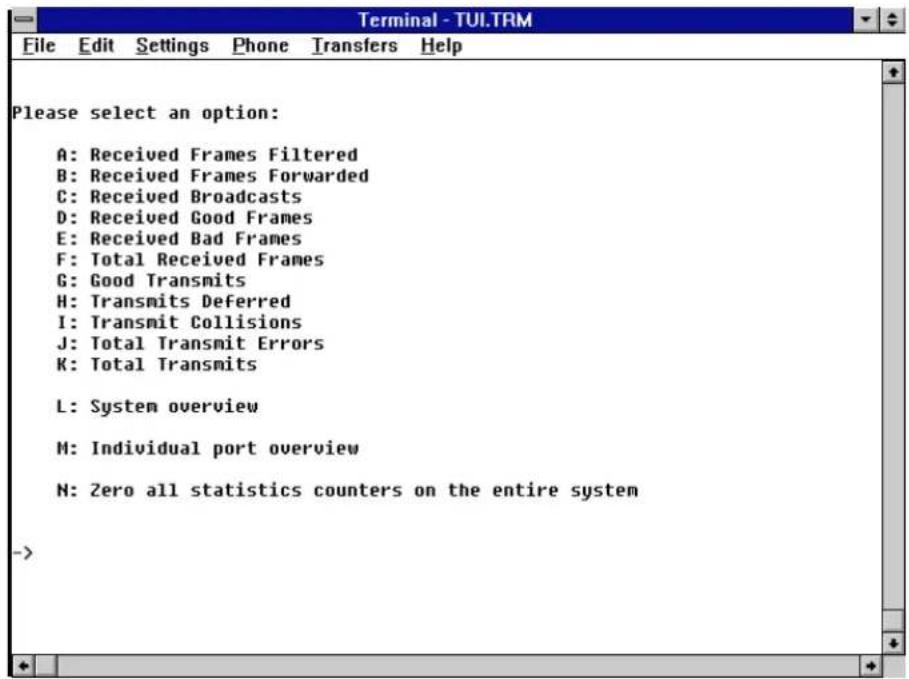 Please select an option: A: Received Frames Filtered B: Received Frames Forwarded C: Received Broadcasts D: Received Good Frames E: Received Bad Frames F: Total Received Frames G: Good Transmits H: Transmits Deferred I: Transmit Collisions J: Total Transmit Errors K: Total Transmits L: System overview M: Individual port overview N: Zero all statistics counters on the entire system ->