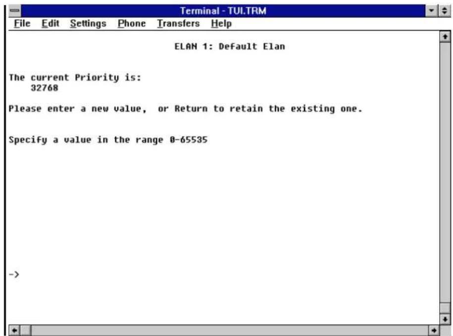 ELAN 1: Default Elan The current Priority is: 32768 Please enter a new value, or Return to retain the existing one. Specify a value in the range 0-65535 ->