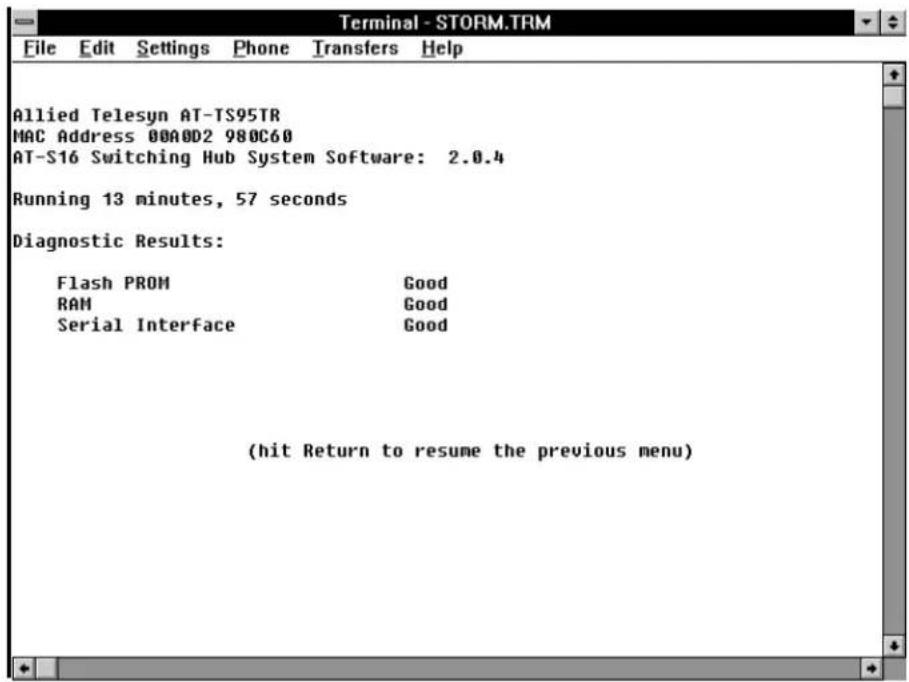 Terminal - STORM.TRM File Edit Settings Phone Transfers Help Allied Telesyn AT-TS95TR MAC Address 00A0D2 980C60 AT-S16 Switching Hub System Software: 2.0.4 Running 13 minutes, 57 seconds Diagnostic Results: Flash PROM Good RAM Good Serial Interface Good (hit Return to resume the previous menu)