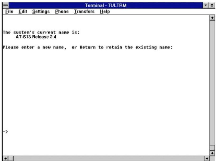 Terminal - TUI.TRM File Edit Settings Phone Transfers Help The system's current name is: AT-S13 Release 2.4 Please enter a new name, or Return to retain the existing name: