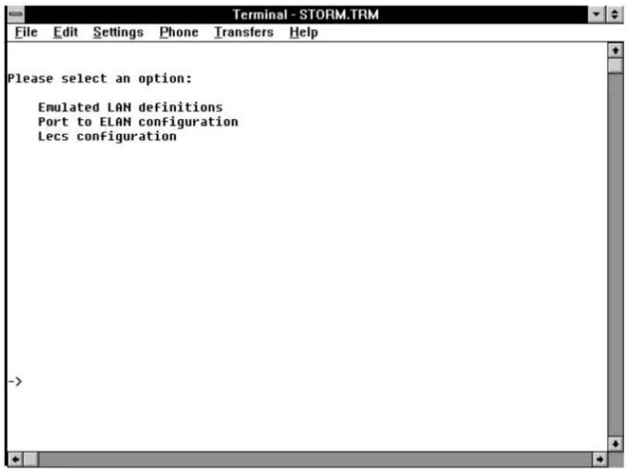 Terminal - STORM.TRM File Edit Settings Phone Transfers Help Please select an option: Emulated LAN definitions Port to ELAN configuration Lecs configuration ->