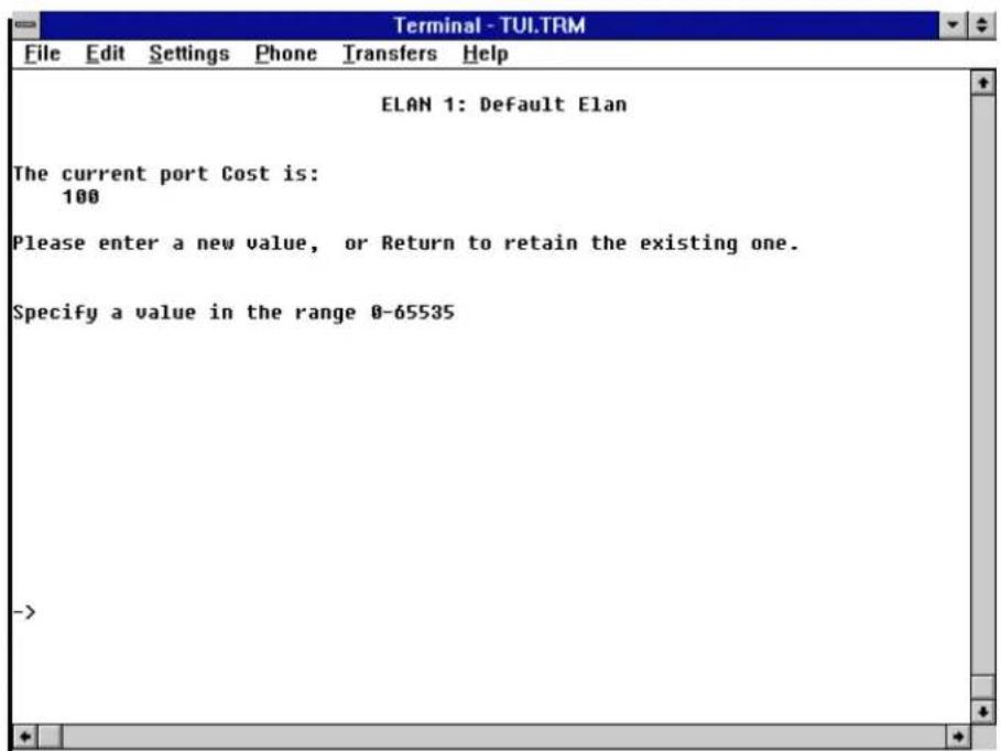 ELAN 1: Default Elan The current port Cost is: 100 Please enter a new value, or Return to retain the existing one. Specify a value in the range 0-65535 ->