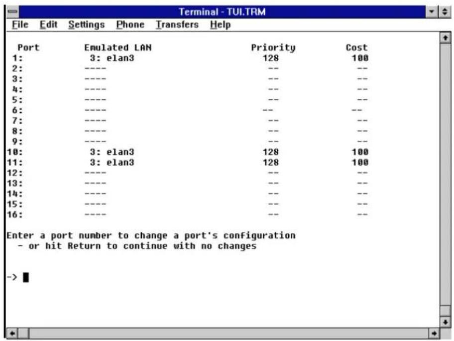 Terminal - TUI.TRM File Edit Settings Phone Transfers Help Port Emulated LAN Priority Cost 1: 3: elan3 128 100 2: ---- -- -- 3: ---- -- -- 4: ---- -- -- 5: ---- -- -- 6: ---- -- -- 7: ---- -- -- 8: ---- -- -- 9: ---- -- -- 10: 3: elan3 128 100 11: 3: elan3 128 100 12: ---- -- -- 13: ---- -- -- 14: ---- -- -- 15: ---- -- -- 16: ---- -- -- Enter a port number to change a port's configuration - or hit Return to continue with no changes ->