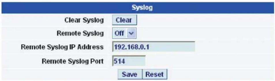 Syslog Clear Syslog Clear Remote Syslog Off Remote Syslog IP Address 192.168.0.1 Remote Syslog Port 514 Save Reset