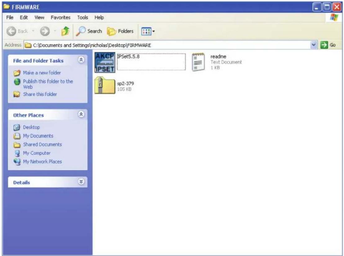 FIRMWARE File Edit View Favorites Tools Help Back Search Folders Address C:\Documents and Settings\nicholas\Desktop\FIRMWARE File and Folder Tasks Make a new folder Publish this folder to the Web Share this folder Other Places Desktop My Documents Shared Documents My Computer My Network Places Details AKCP IPSET5.5.8 readme Text Document 1 KB sp2-379 105 KB Details