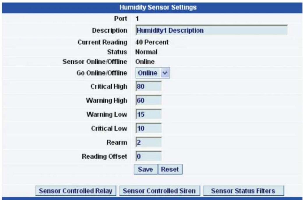 Humidity Sensor Settings Port 1 Description Humidity1 Description Current Reading 40 Percent Status Normal Sensor Online/Offline Online Go Online/Offline Online Critical High 80 Warning High 60 Warning Low 15 Critical Low 10 Rearm 2 Reading Offset 0 Save Reset Sensor Controlled Relay Sensor Controlled Siren Sensor Status Filters