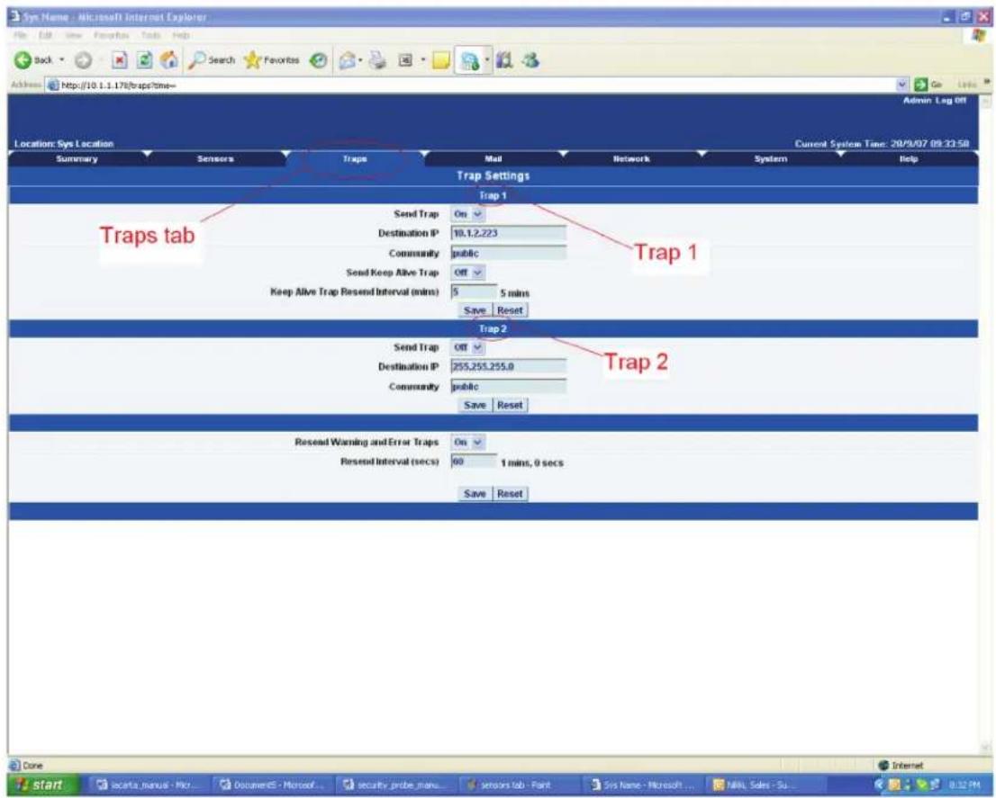 Sys Name - Microsoft Internet Explorer Back Search Favorites Tools Help Address: http://10.1.178/traps/time= Location: Sys Location Summary Sensors Traps Mail Network System Help Trap Settings Trap 1 Send Trap On Destination IP 10.1.2.223 Community public Send Keep Alive Trap Off Keep Alive Trap Resend Interval (mins) 5 5 mins Save Reset Trap 2 Send Trap Off Destination IP 255,255,255.0 Community public Save Reset Resend Warning and Error Traps On Resend Interval (secs) 60 1 mins, 0 secs Save Reset Trap 1 Trap 2 Start security manual - No Document - Microsoft security probe manual sensors tab - Faint Sys Name - Microsoft . . . Mkt Sales - Su . . . 0:02 PM Internet