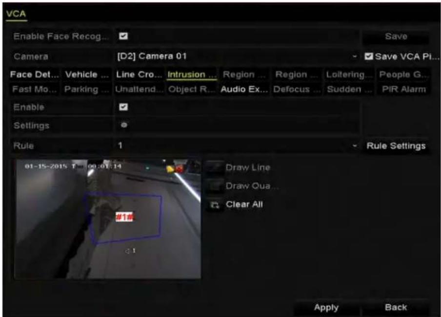 VCA Enable Face Recog... Save Camera [D2] Camera 01 Save VCA Pi... Face Det... Vehicle ... Line Cro... Intrusion ... Region ... Region ... Loitering ... People G... Fast Mo... Parking ... Unattend... Object R... Audio Ex... Defocus ... Sudden ... PIR Alarm Enable Settings Rule 1 Rule Settings 01-15-…