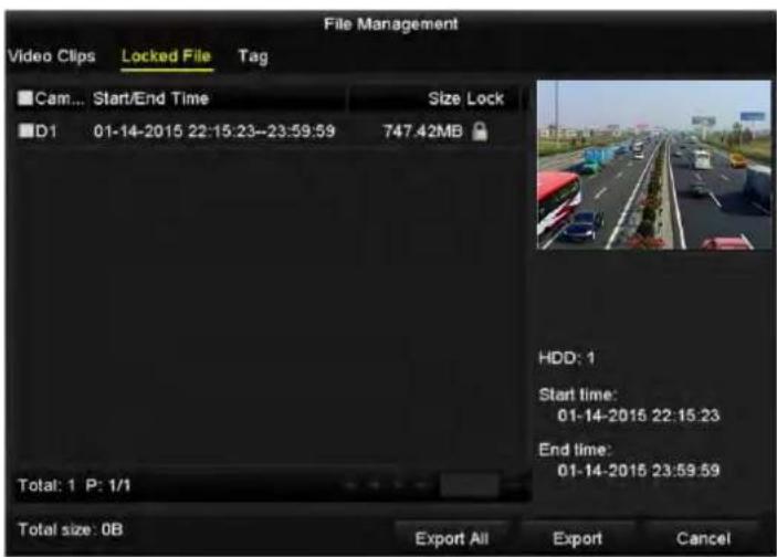 File Management Video Clips Locked File Tag Cam... Start/End Time Size Lock D1 01-14-2015 22:15:23--23:59:59 747.42MB Total: 1 P: 1/1 Total size: 0B Export All Export Cancel