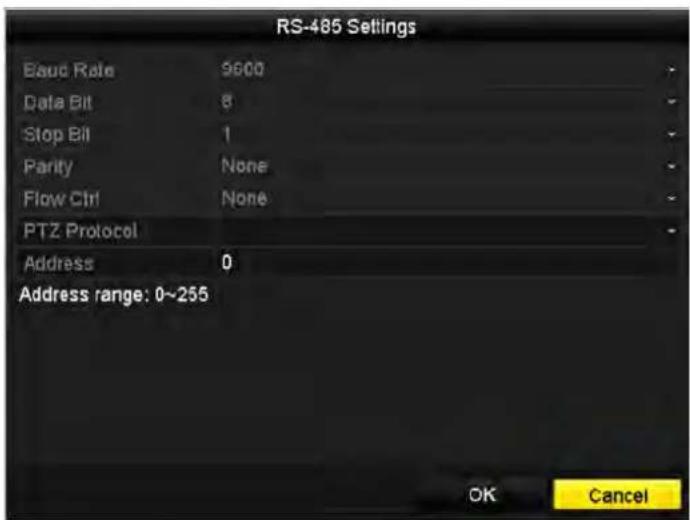 RS-485 Settings Baud Rate 9600 Data Bit 8 Stop Bit 1 Parity None Flow Ctrl None PTZ Protocol Address 0 Address range: 0~255 OK Cancel