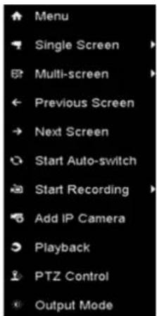 Menu Single Screen Multi-screen Previous Screen Next Screen Start Auto-switch Start Recording Add IP Camera Playback PTZ Control Output Mode