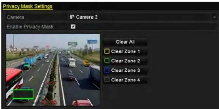Privacy Mask Settings Camera IP Camera 2 Enable Privacy Mask Clear All Clear Zone 1 Clear Zone 2 Clear Zone 3 Clear Zone 4
