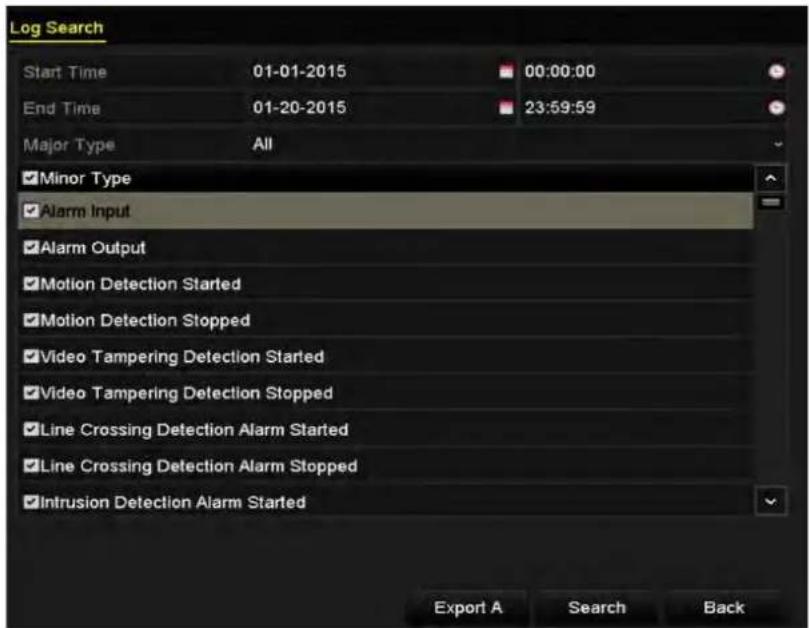 Log Search Start Time 01-01-2015 00:00:00 End Time 01-20-2015 23:59:59 Major Type All Minor Type Alarm Input Alarm Output Motion Detection Started Motion Detection Stopped Video Tampering Detection Started Video Tampering Detection Stopped Line Crossing Detection Alarm Started Line Crossing Detectio…